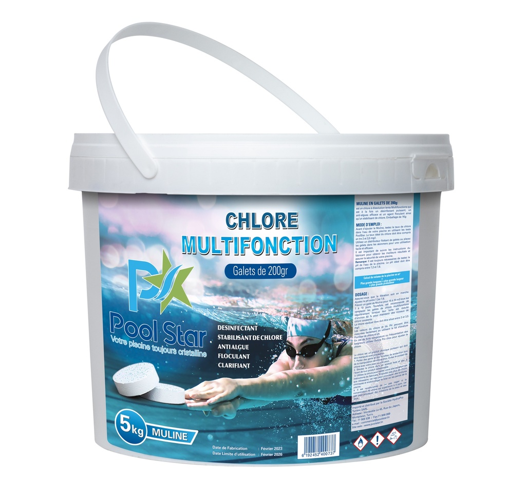 [MULINE 5] CHLORE MULTIFONCTIONS EN GALETS DE 200GR POOLSTAR MULINE 5KG